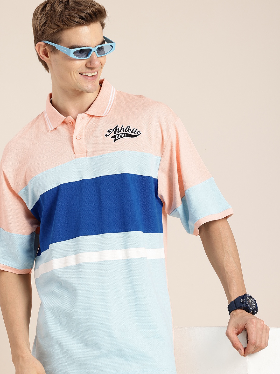 

HERE&NOW Pure Cotton Colourblocked Polo Collar Drop-Shoulder Sleeves T-shirt, Peach