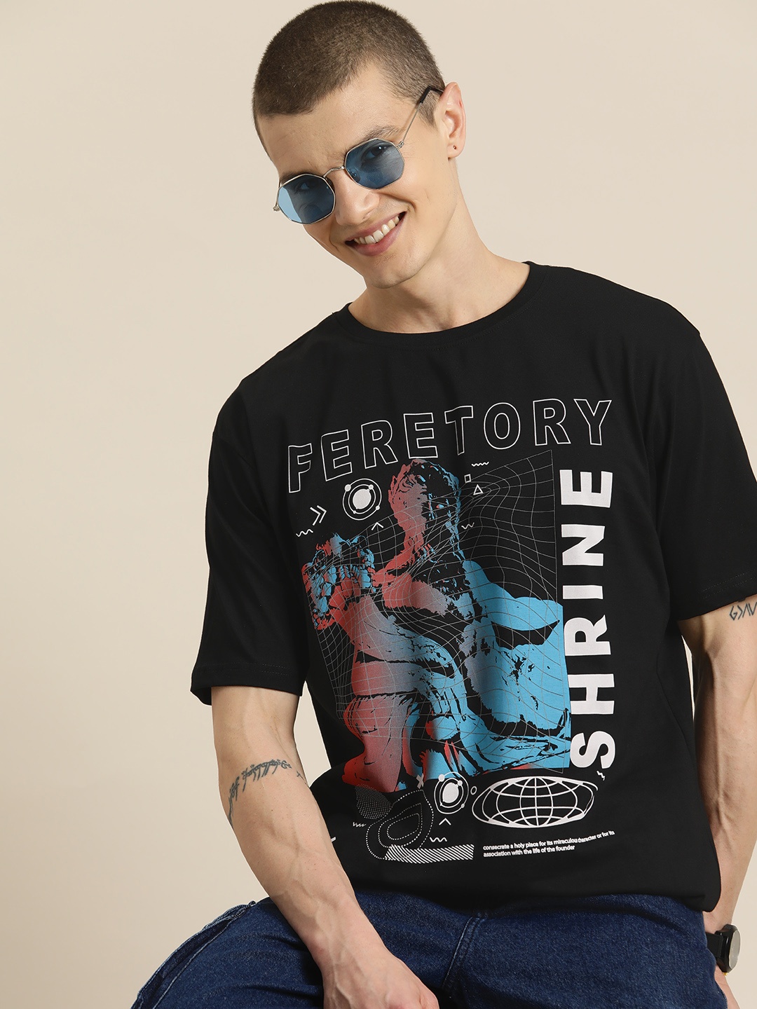 

HERE&NOW Printed Drop-Shoulder Sleeves Pure Cotton Relaxed T-shirt, Black