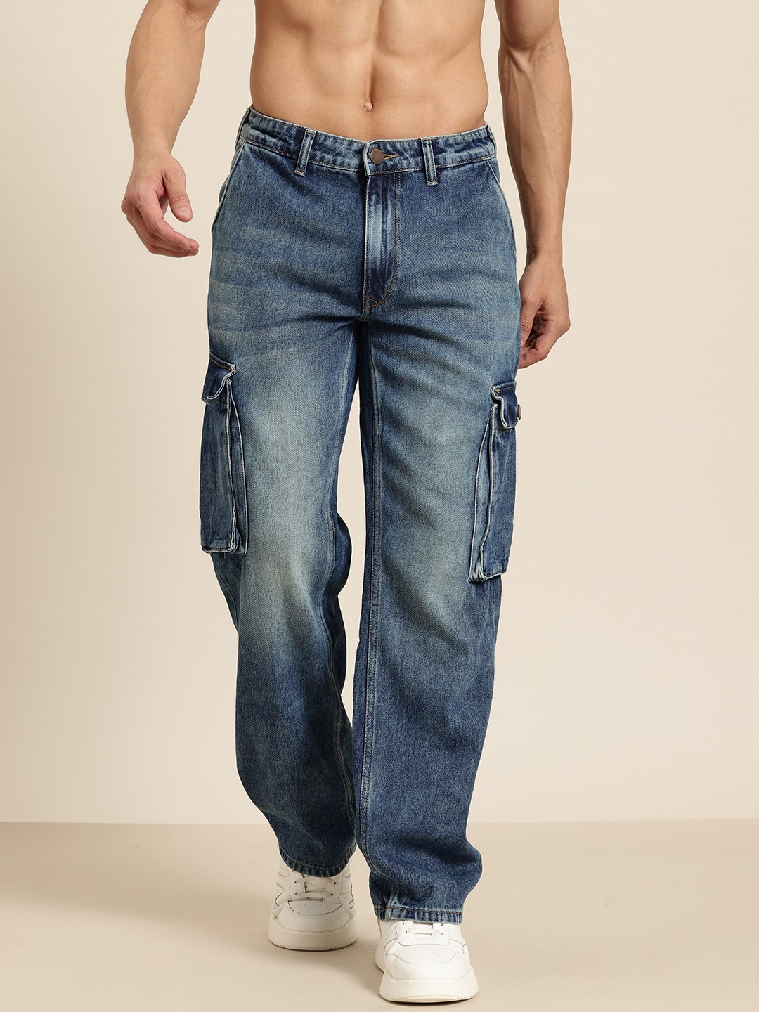 

HERE&NOW Men Pure Cotton Relaxed Fit Light Fade Stretchable Cargo Style Jeans, Blue