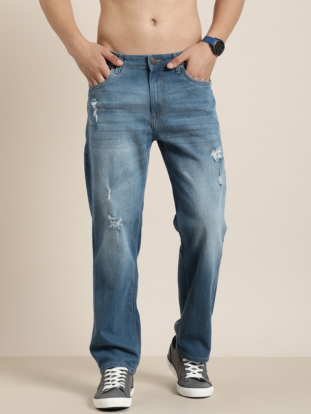 

HERE&NOW Men Mildly Distressed Heavy Fade Stretchable Jeans, Blue