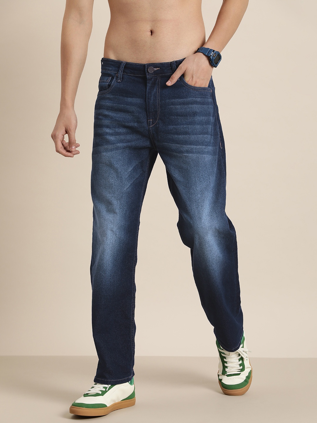 

HERE&NOW Men Heavy Fade Stretchable Mid-Rise Jeans, Blue