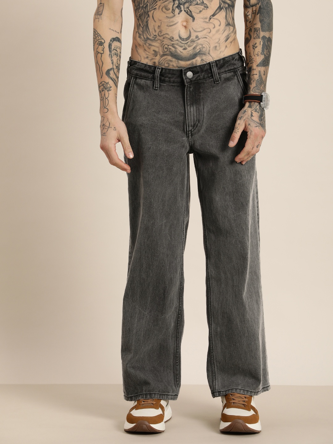 

HERE&NOW Men Pure Cotton Baggy Fit Light Fade Mid-Rise Jeans, Grey
