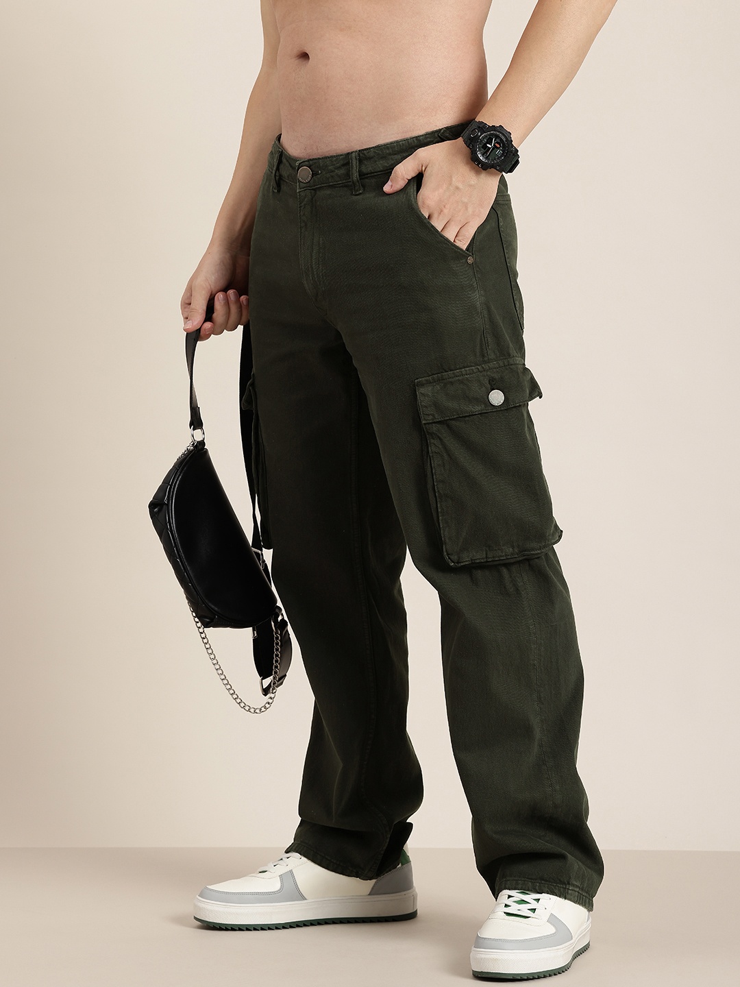 

HERE&NOW Men Pure Cotton Relaxed Fit Cargo Jeans, Green