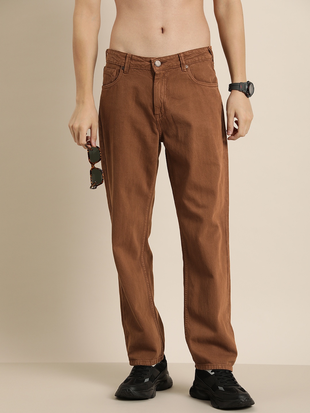 

HERE&NOW Men Regular Fit Pure Cotton Jeans, Brown