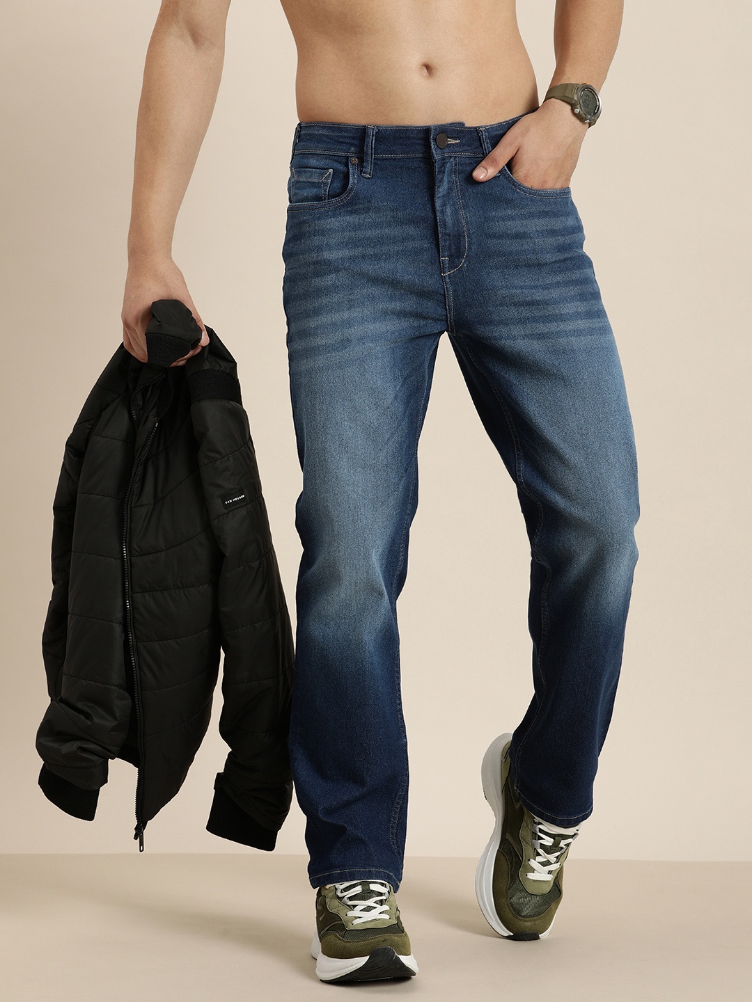 

HERE&NOW Men Light Fade Stretchable Jeans, Navy blue
