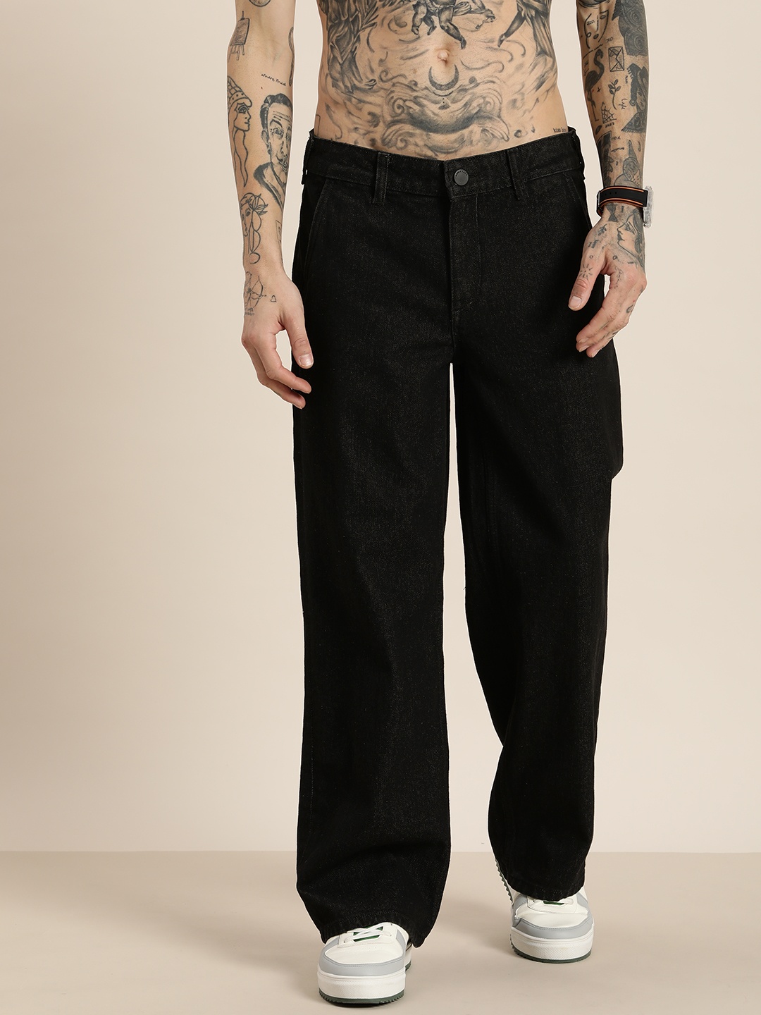 

HERE&NOW Men Pure Cotton Baggy Fit Light Fade Mid-Rise Jeans, Black