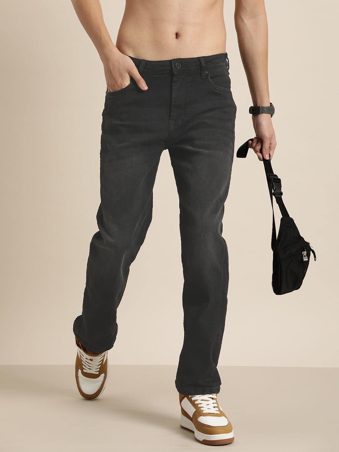 

HERE&NOW Men Light Fade Stretchable Mid-Rise Jeans, Black