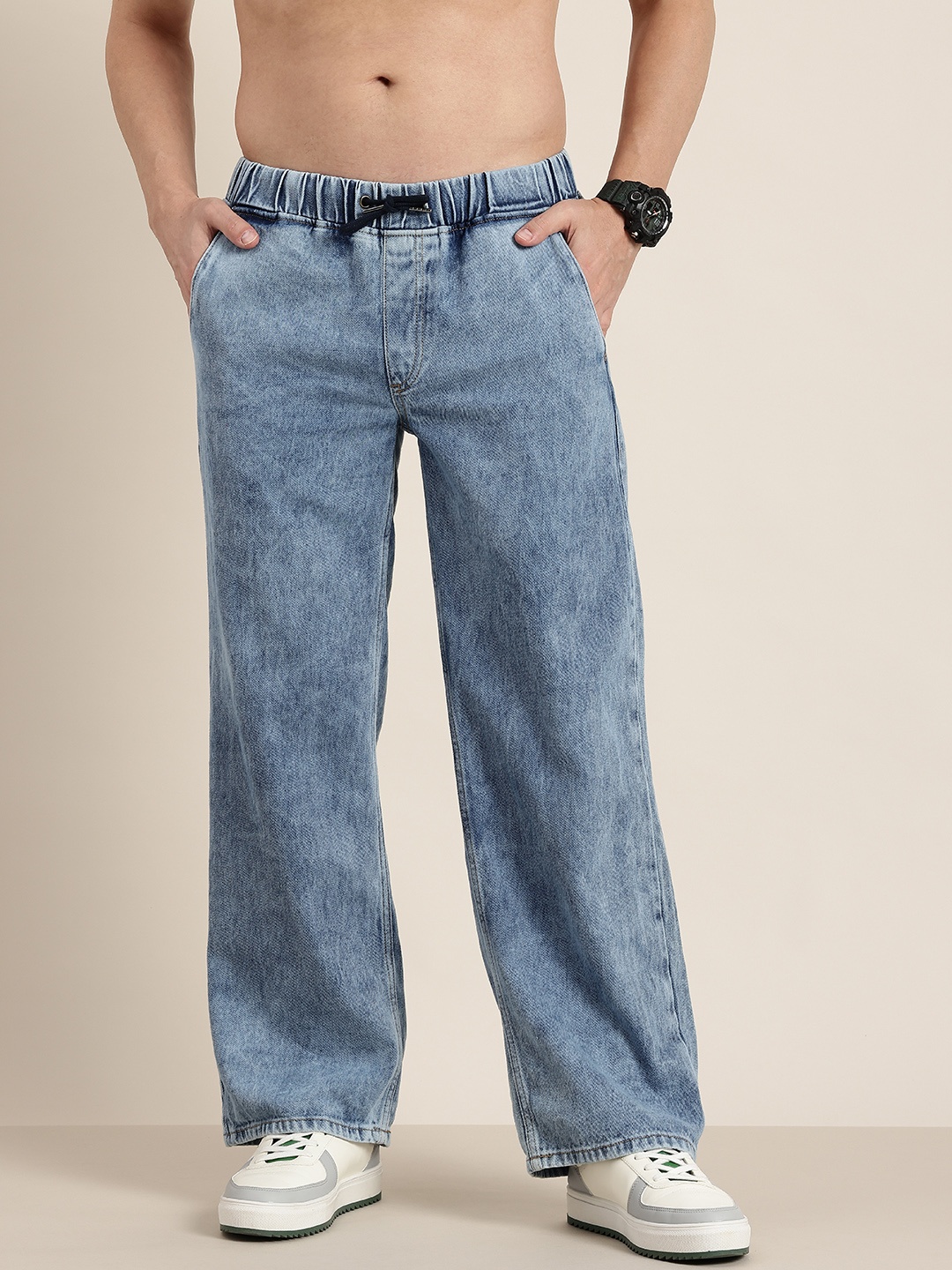 

HERE&NOW Men Pure Cotton Baggy Fit Heavy Fade Jeans, Blue