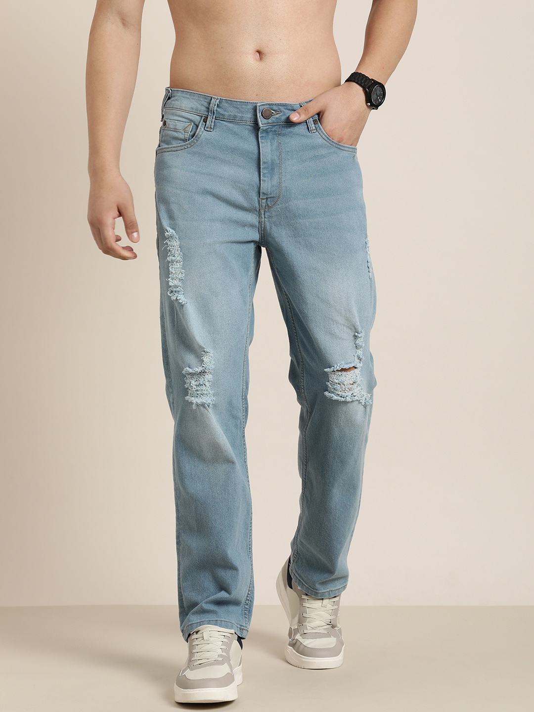 

HERE&NOW Men Highly Distressed Light Fade Stretchable Jeans, Blue