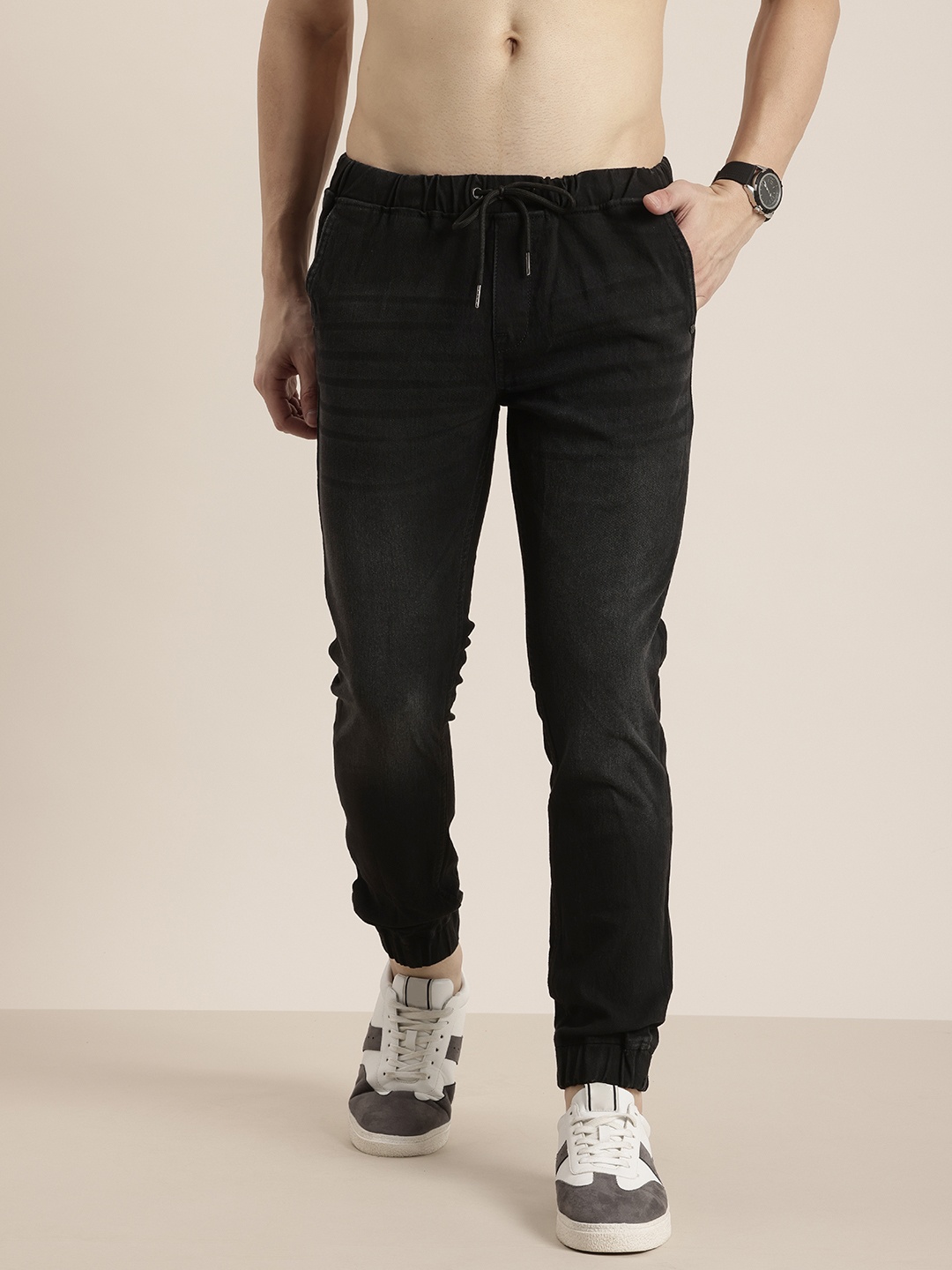 

HERE&NOW Men Jogger Light Fade Stretchable Jeans, Black