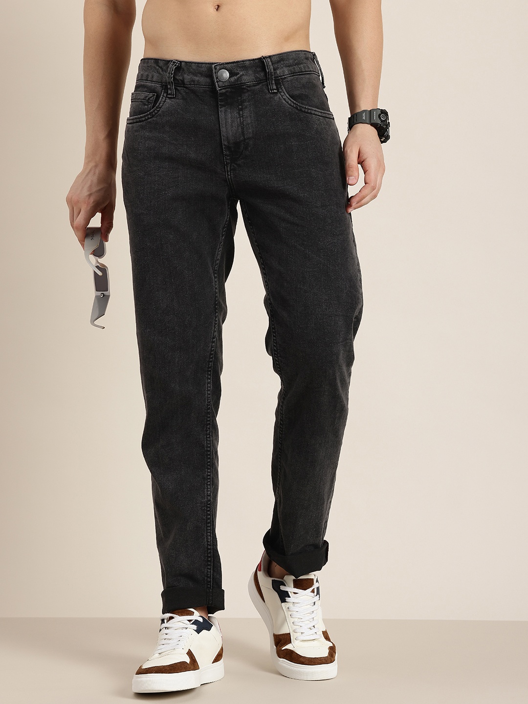 

HERE&NOW Men Slim Fit Light Fade Stretchable Jeans, Black