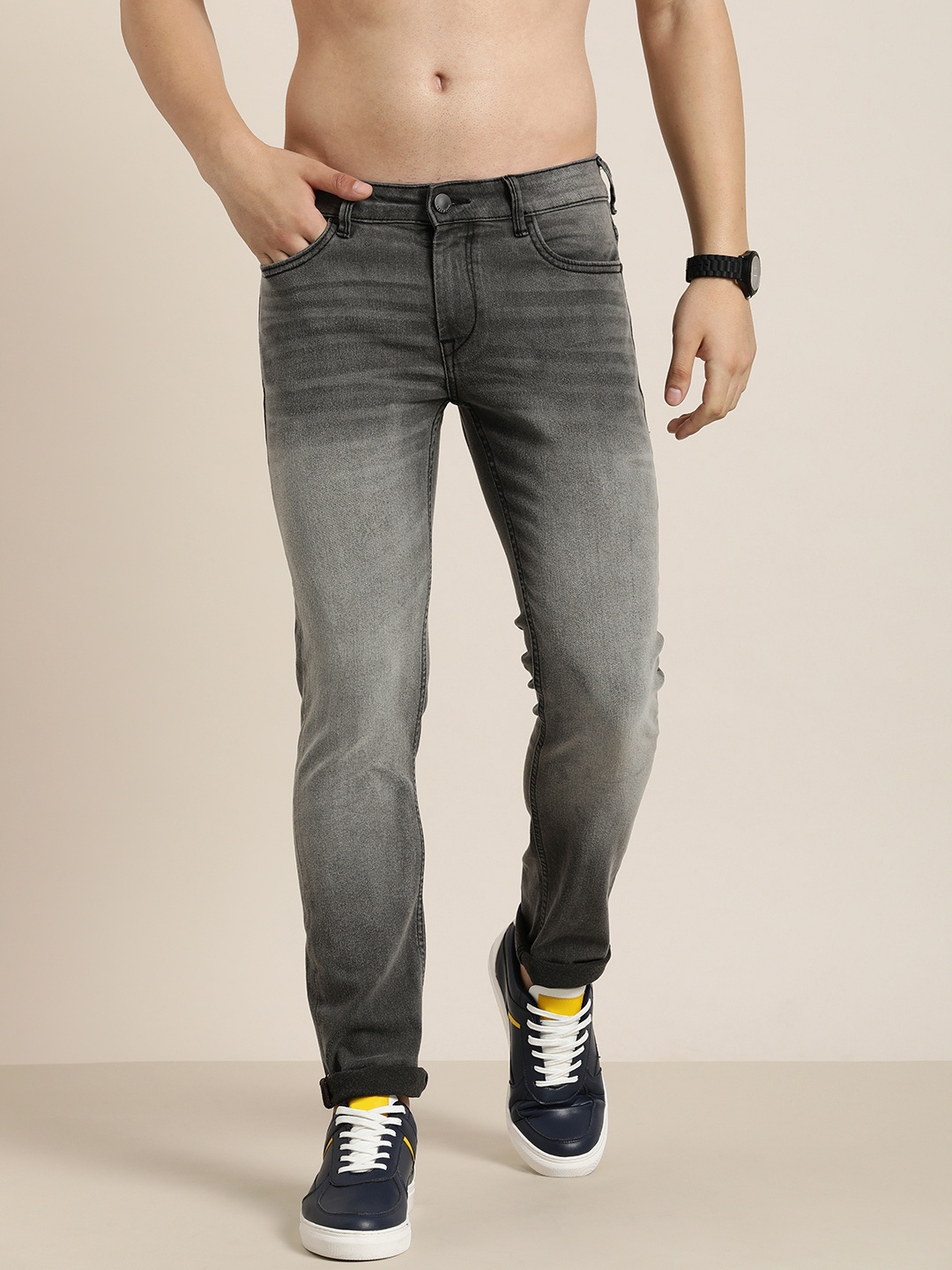 

HERE&NOW Men Slim Fit Heavy Fade Stretchable Jeans, Grey