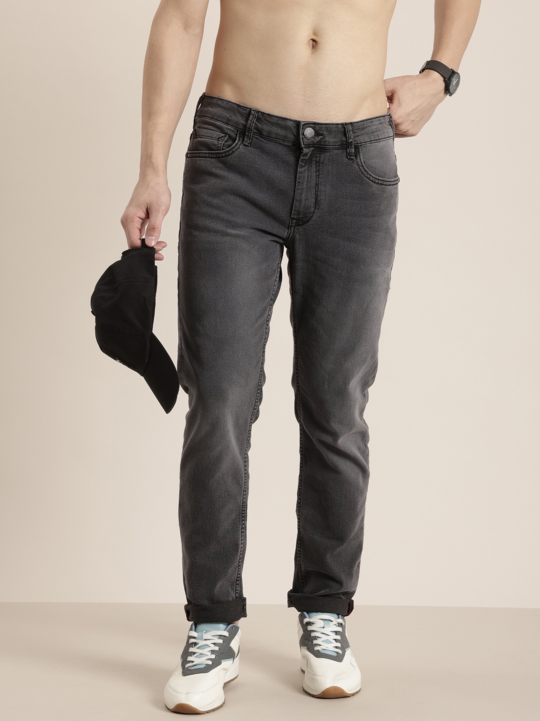 

HERE&NOW Men Slim Fit Heavy Fade Stretchable Jeans, Grey