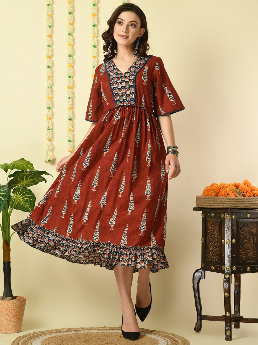 

KALINI Ethnic Motifs Printed Flared Sleeves Cotton Fit and Flare Midi Dress, Rust