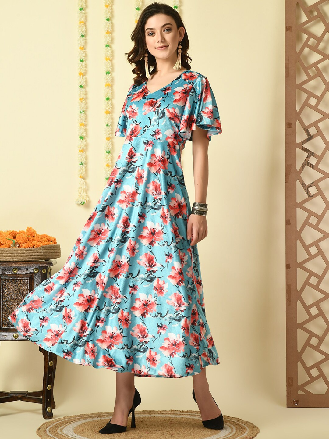 

KALINI Floral Printed Flared Sleeve Velvet Fit and Flare Midi Dress, Blue