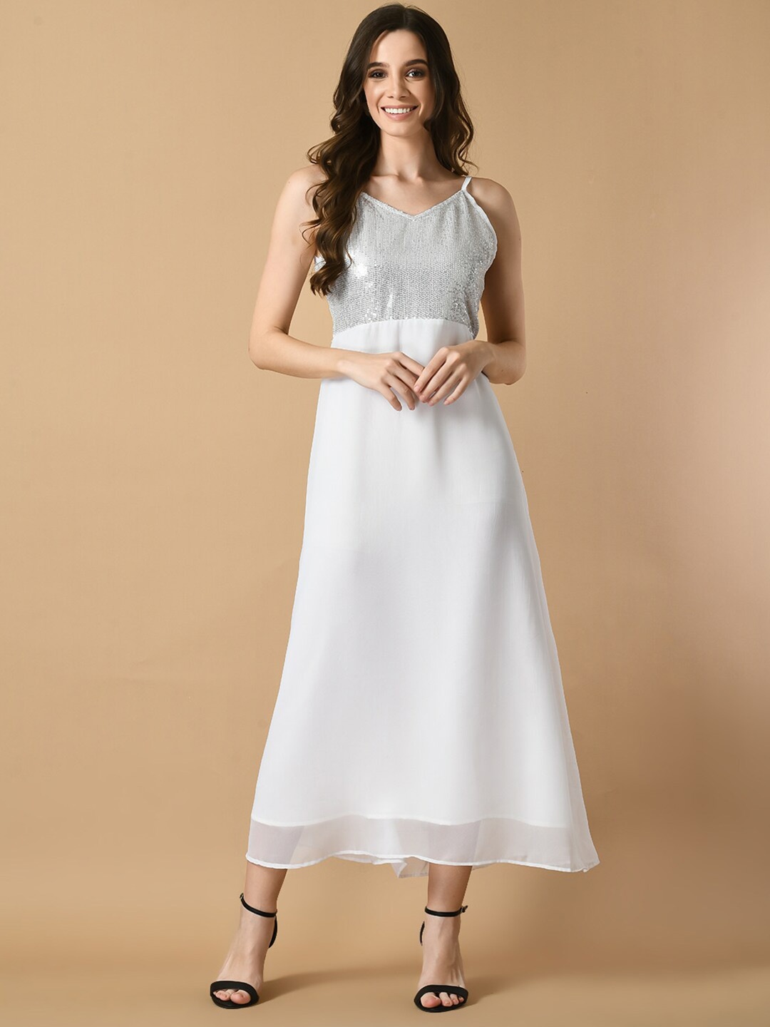 

KALINI Shoulder Straps Sequinned Georgette A-Line Midi Dress, White