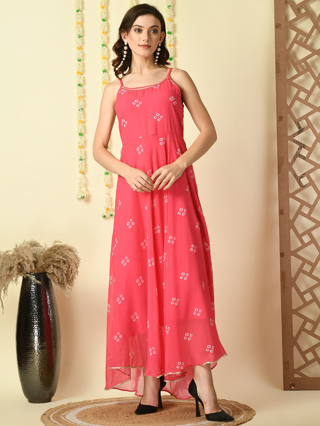 

KALINI Ethnic Motifs Printed Georgette A-Line Maxi Dress, Pink