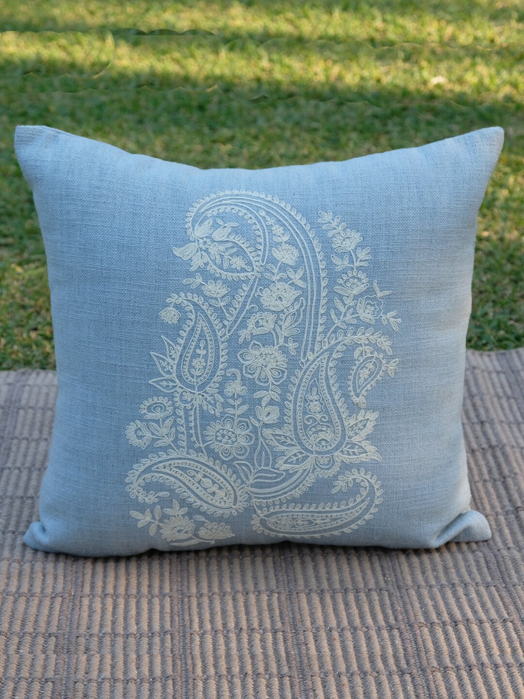 

DESIGN GAATHA Blue & White Paisley Embroidered Cotton Square Cushion Cover