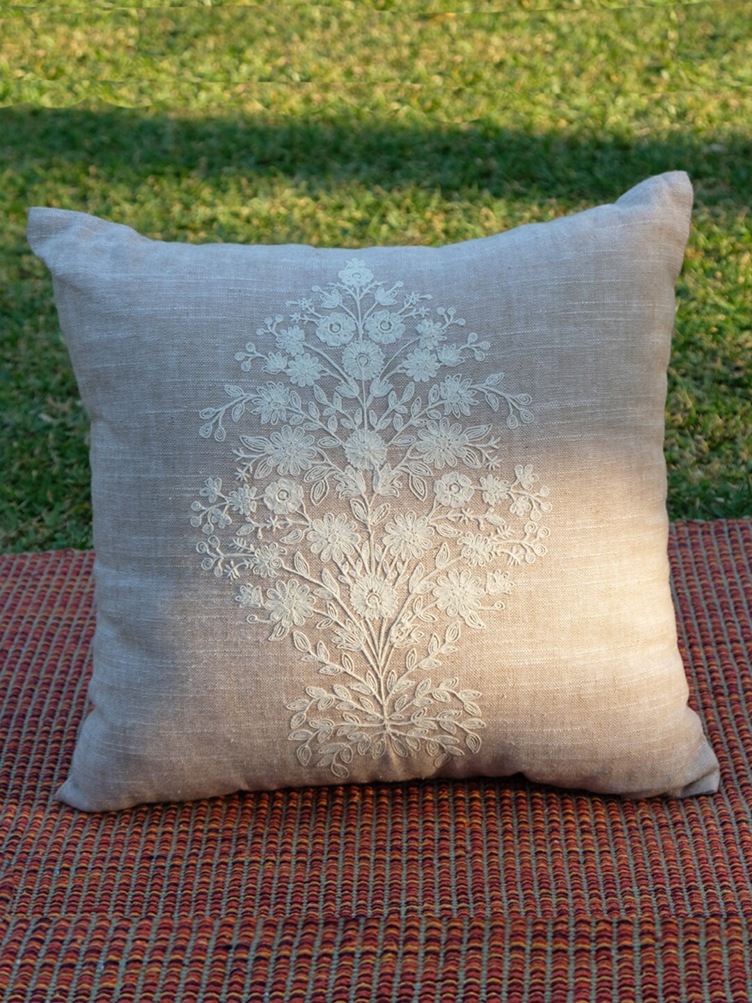 

DESIGN GAATHA Beige & White Floral Embroidered Cotton Square Cushion Cover