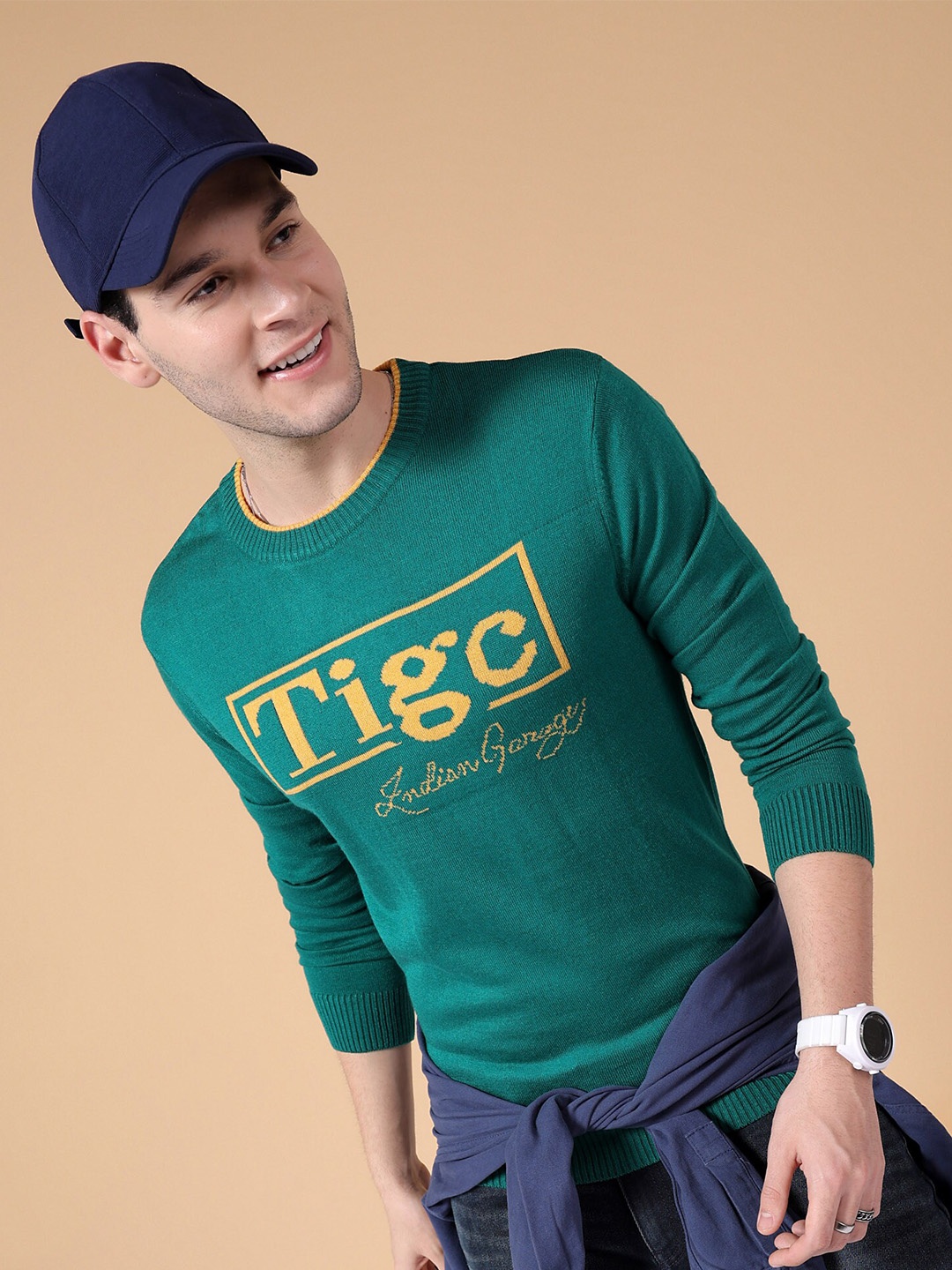 

The Indian Garage Co Typography Printed Long Sleeves Acrylic Pullover Sweater, Green