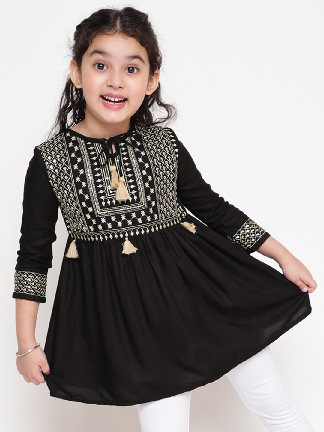 

BAESD Girls Ethnic Motifs Embroidered Sequinned Kurti, Black