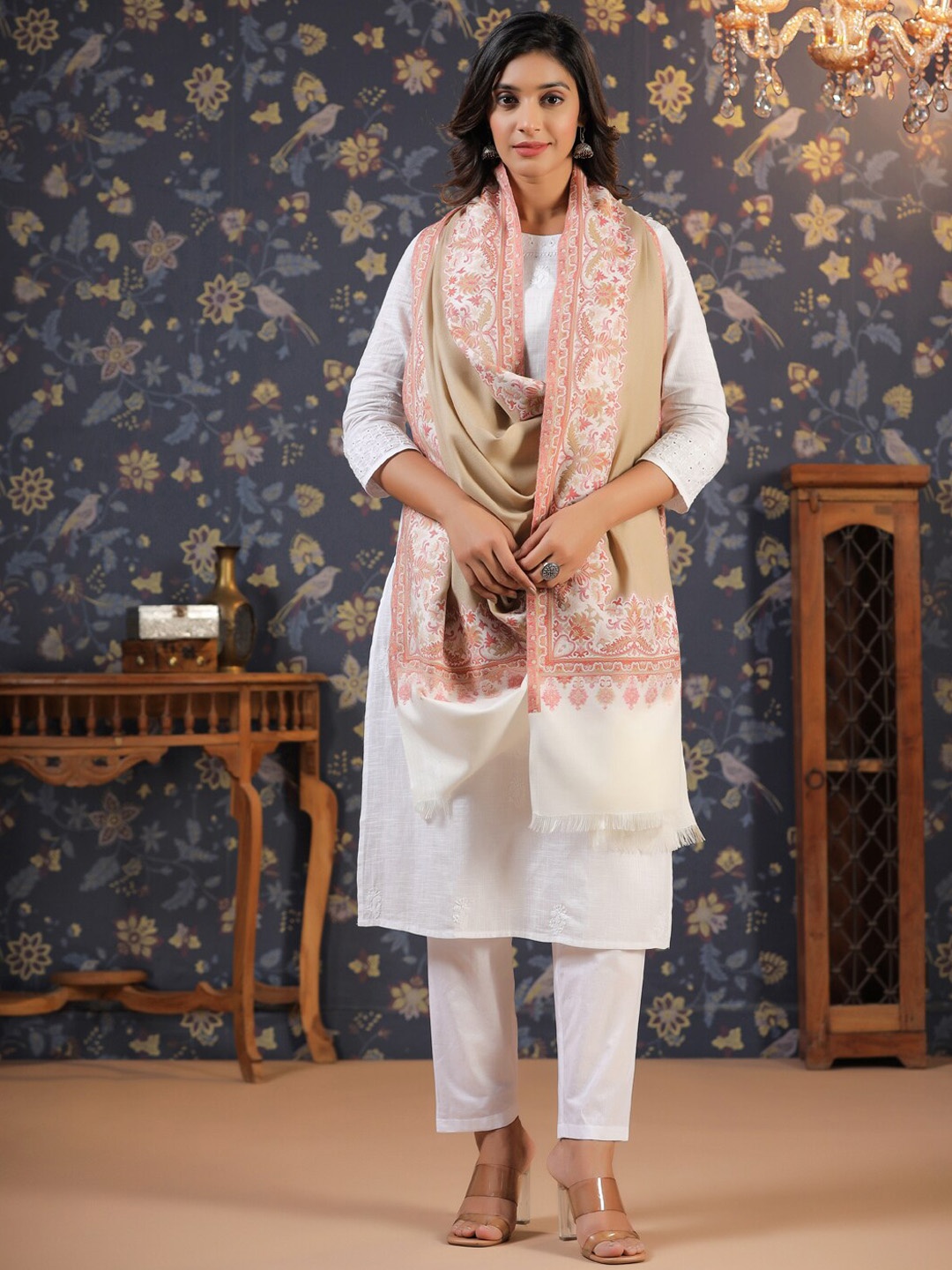 House of Pataudi Ethnic Motifs Woven Design Fringed Shawl, Beige
