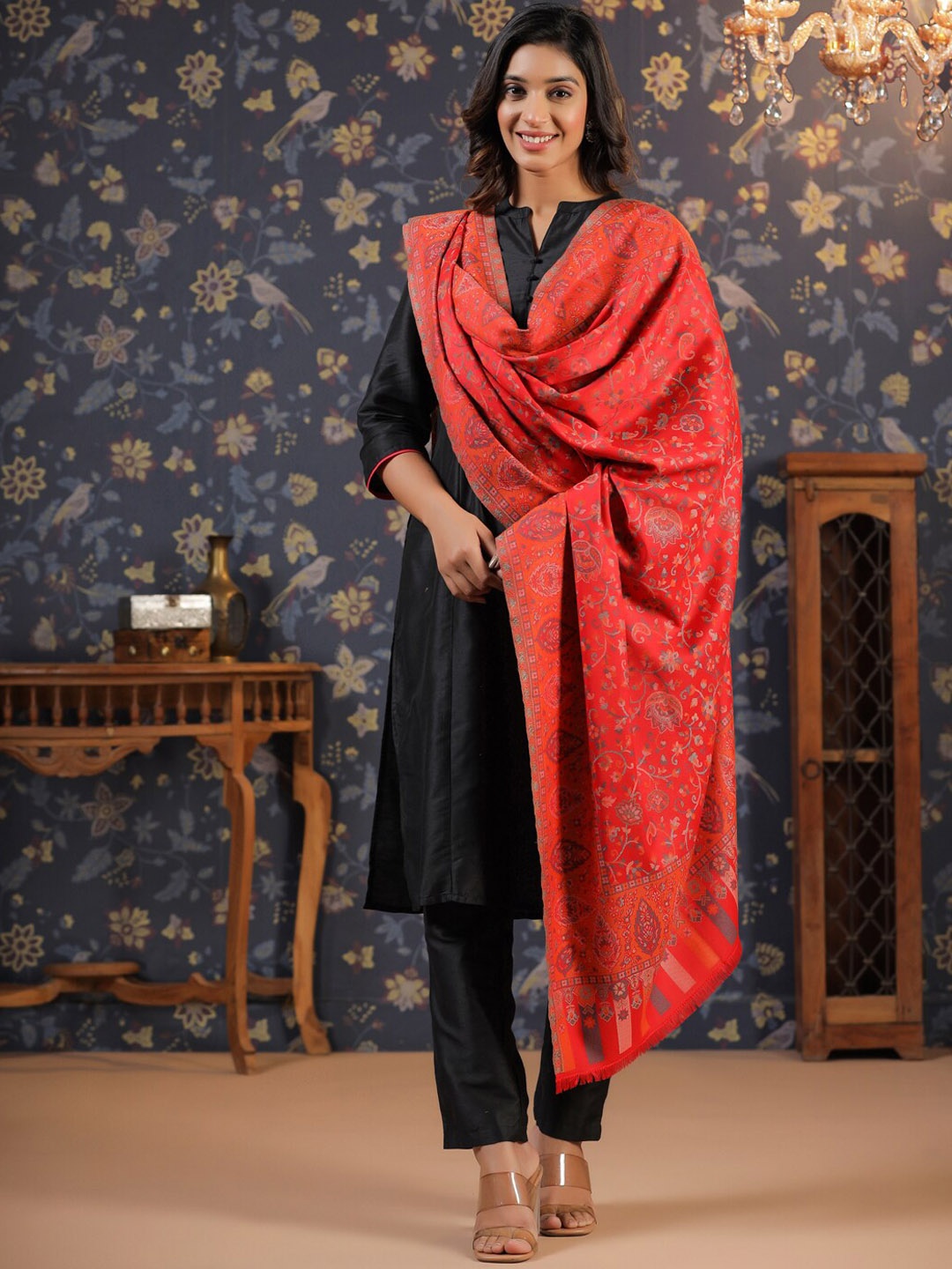 

House of Pataudi Ethnic Motifs Woven Design Fringed Shawl, Red