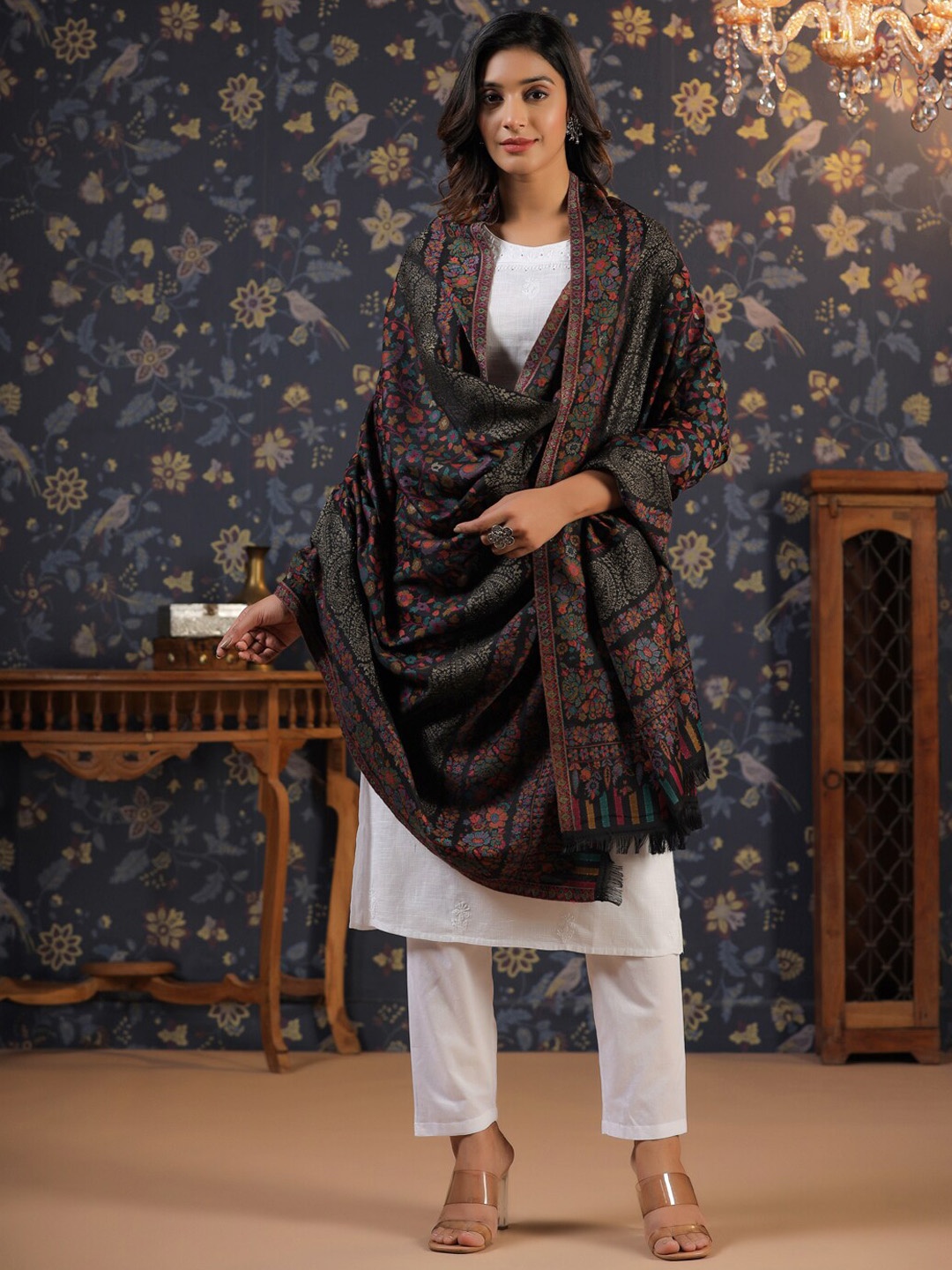 

House of Pataudi Black Floral Woven-Design Shawl