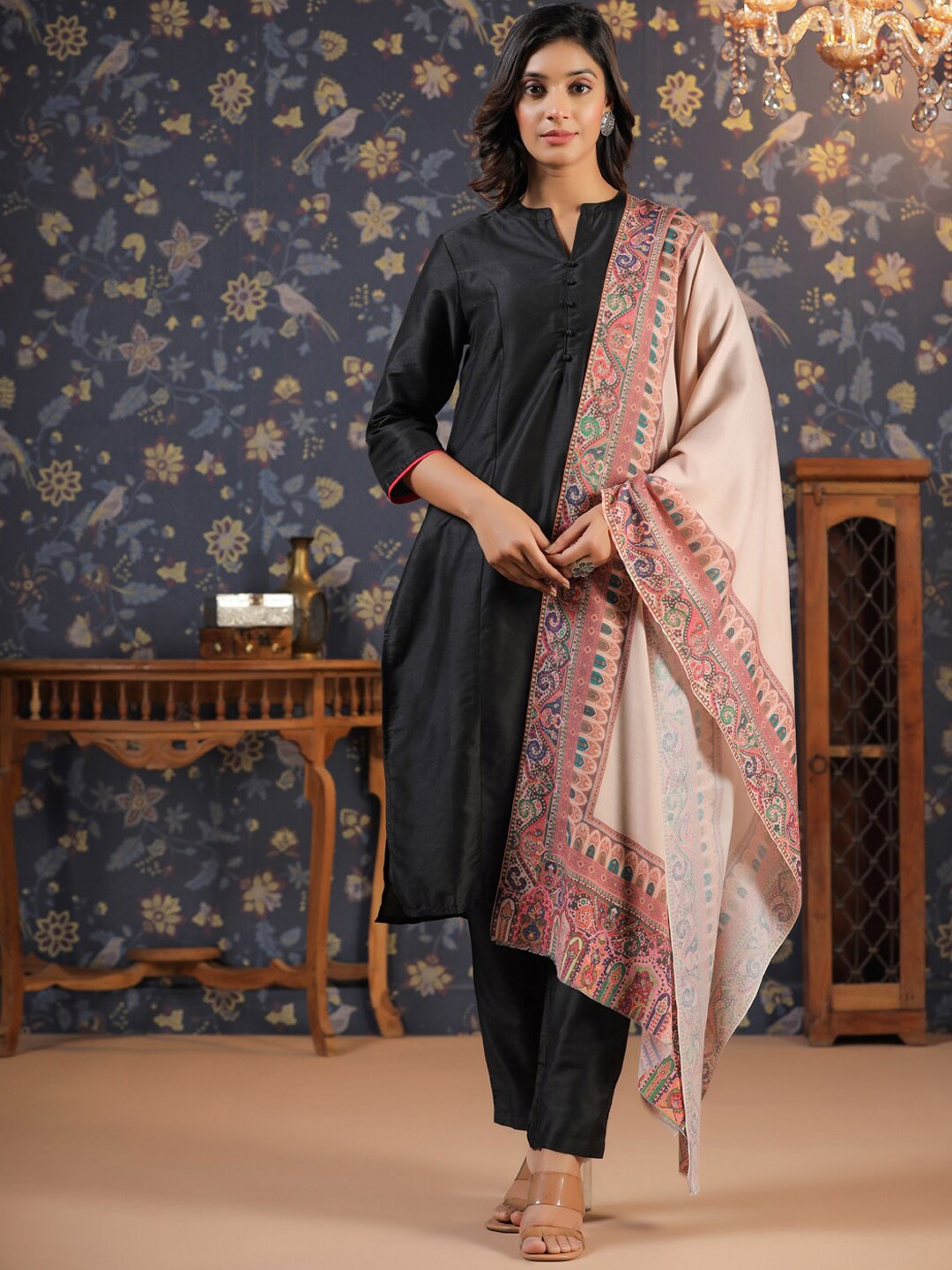 

House of Pataudi Beige Floral Embroidered Wool & Acrylic Fringed Shawl