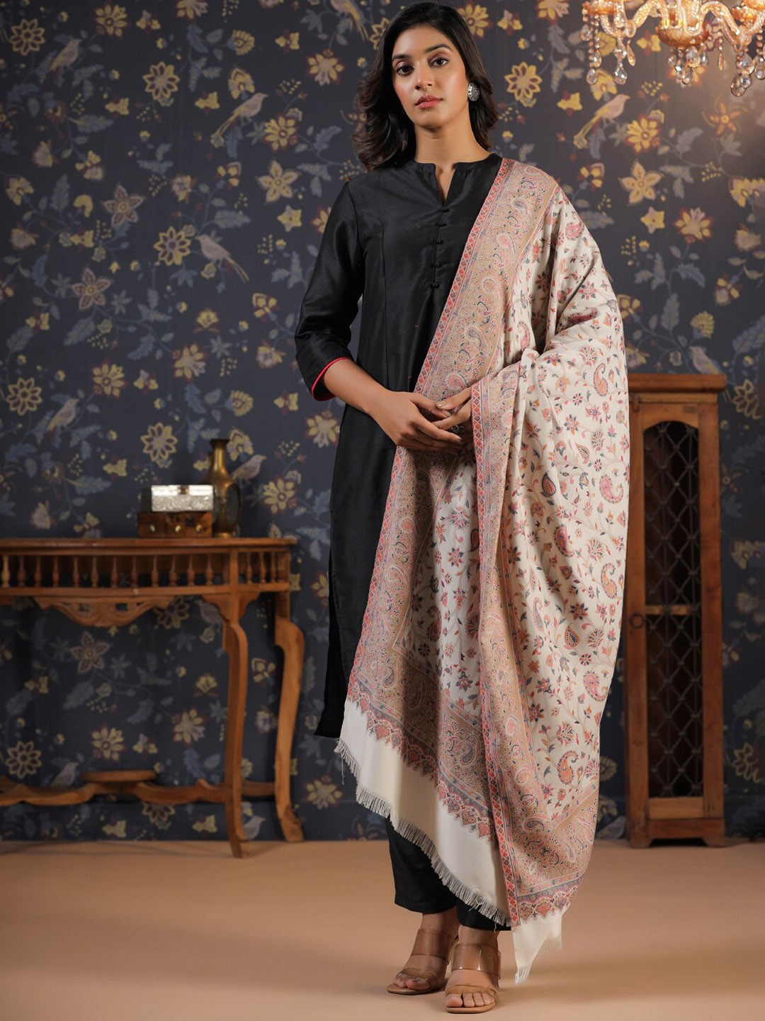 

House of Pataudi Ethnic Motifs Woven Design Fringed Shawl, White