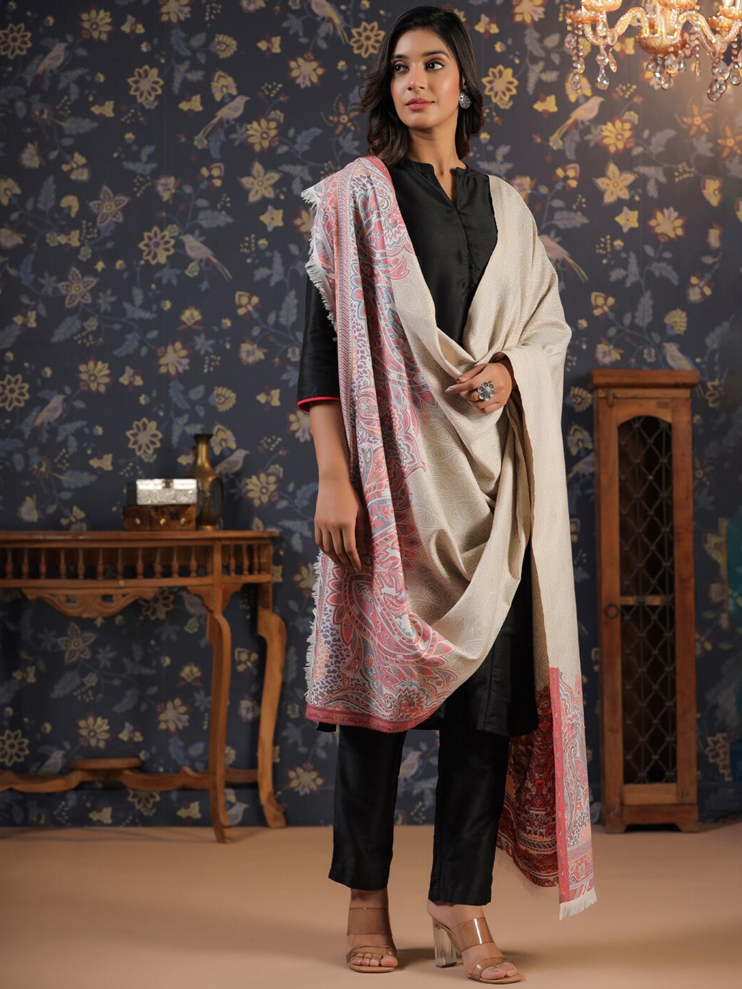 

House of Pataudi Paisley Woven Design Shawl, White