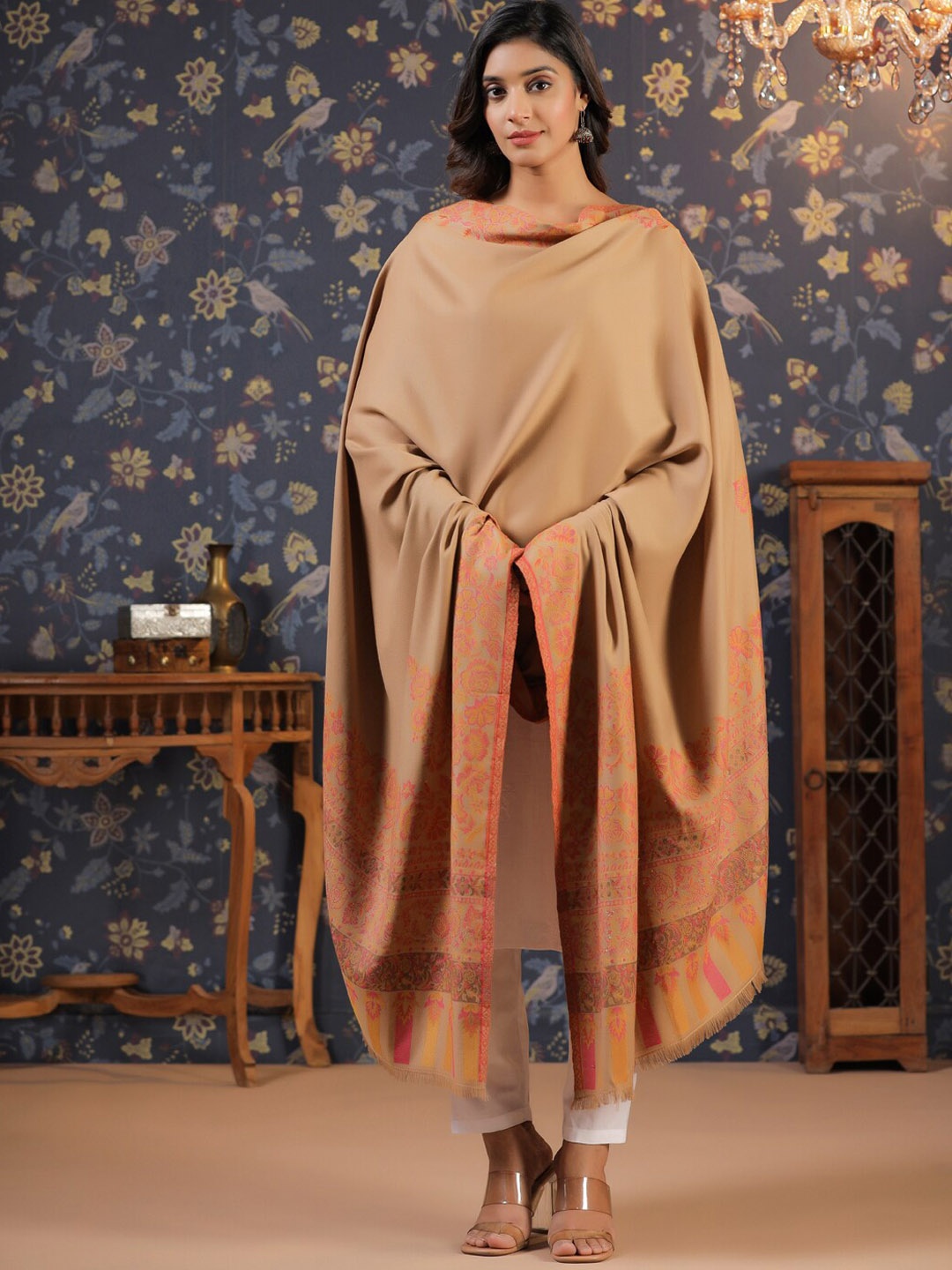 

House of Pataudi Beige Floral Woven Design Fringed Shawl