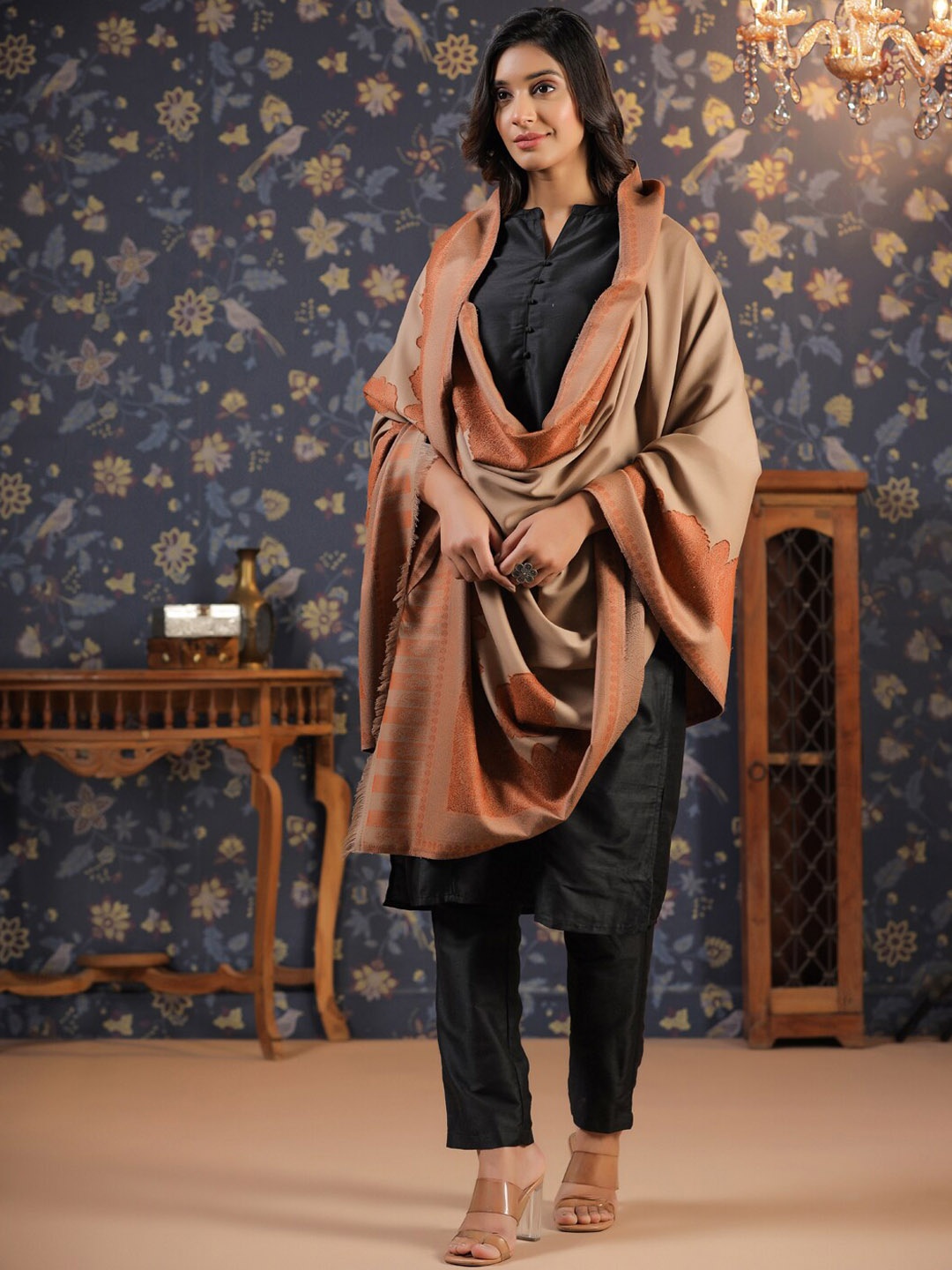 House of Pataudi Beige Floral Woven Design Fringed Shawl