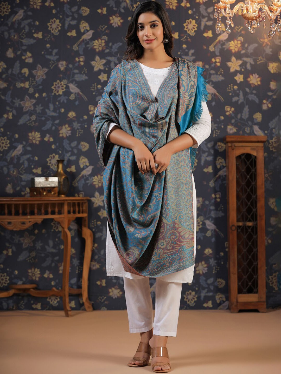

House of Pataudi Blue Ethnic Motifs Woven Design Shawl