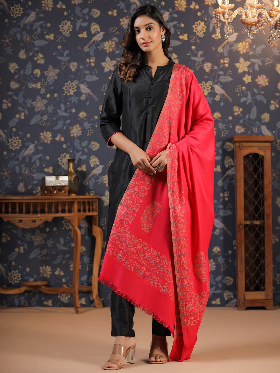 

House of Pataudi Pink Paisley Woven Design Fringed Shawl