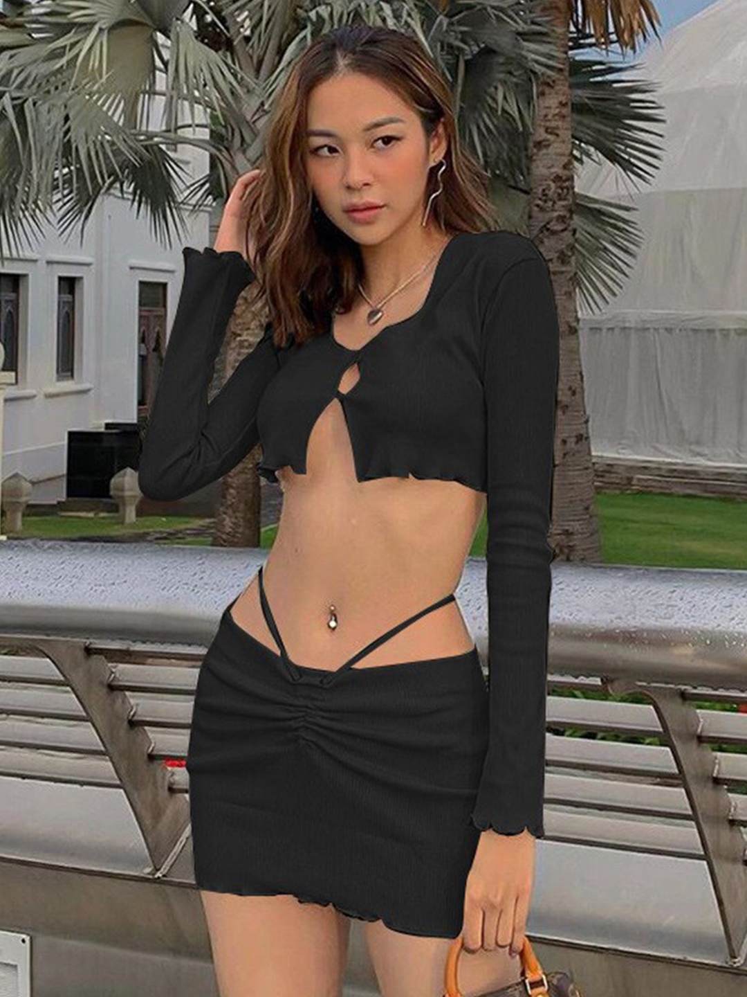 

StyleCast Black Round Neck Crop Top With Skirt