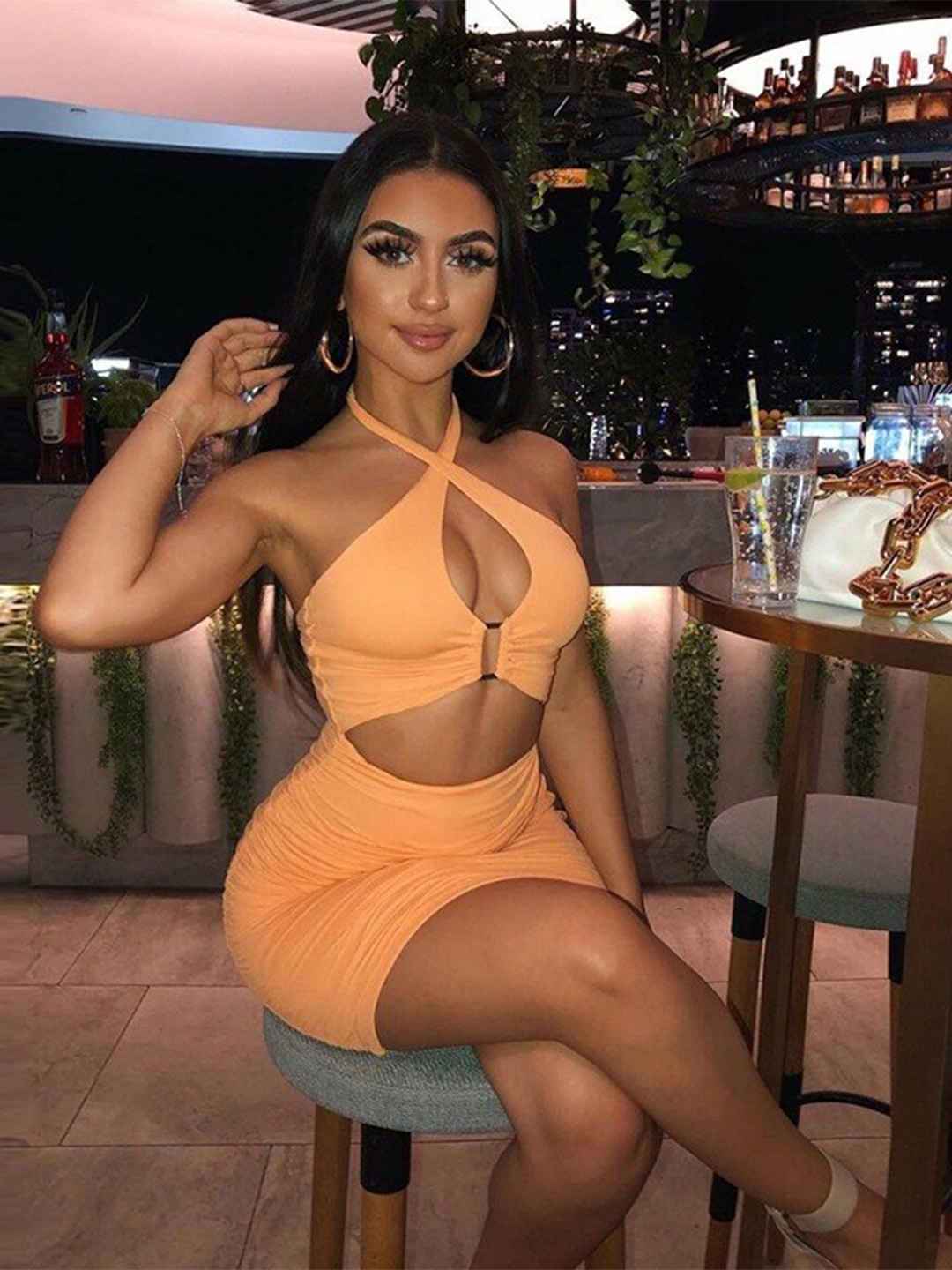 

StyleCast Orange Halter Neck Cut Outs Bodycon Dress