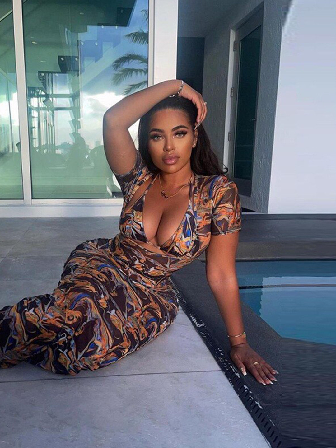 

StyleCast Brown Abstract Printed Asymmetric Neck Cut Out Detailed Bodycon Maxi Dress