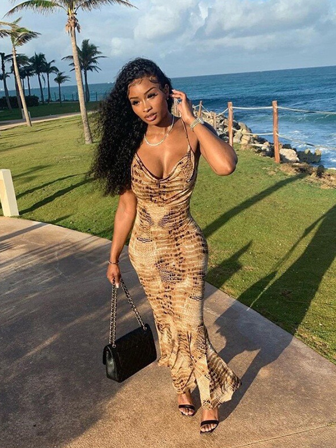 

StyleCast Khaki Abstract Printed Cowl Neck Bodycon Maxi Dress