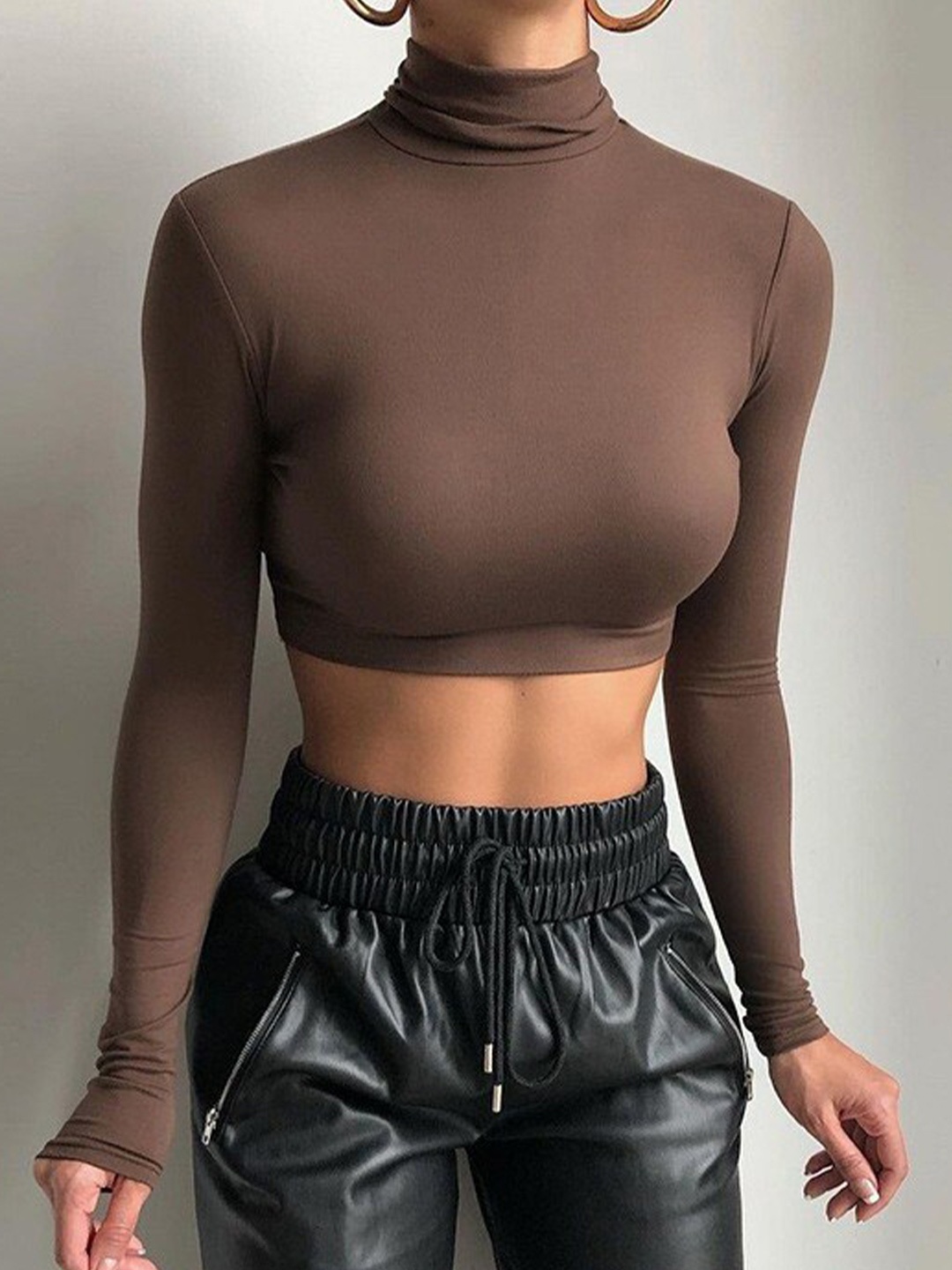 

StyleCast Brown High Neck Crop Fitted Top