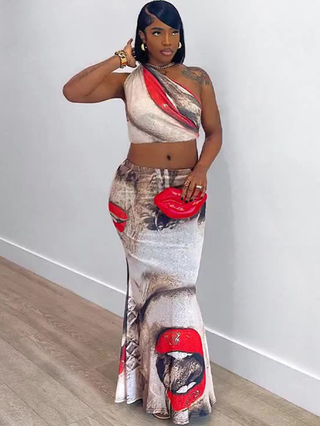 

StyleCast Printed One-Shoulder Crop Top With Maxi Skirt, Brown