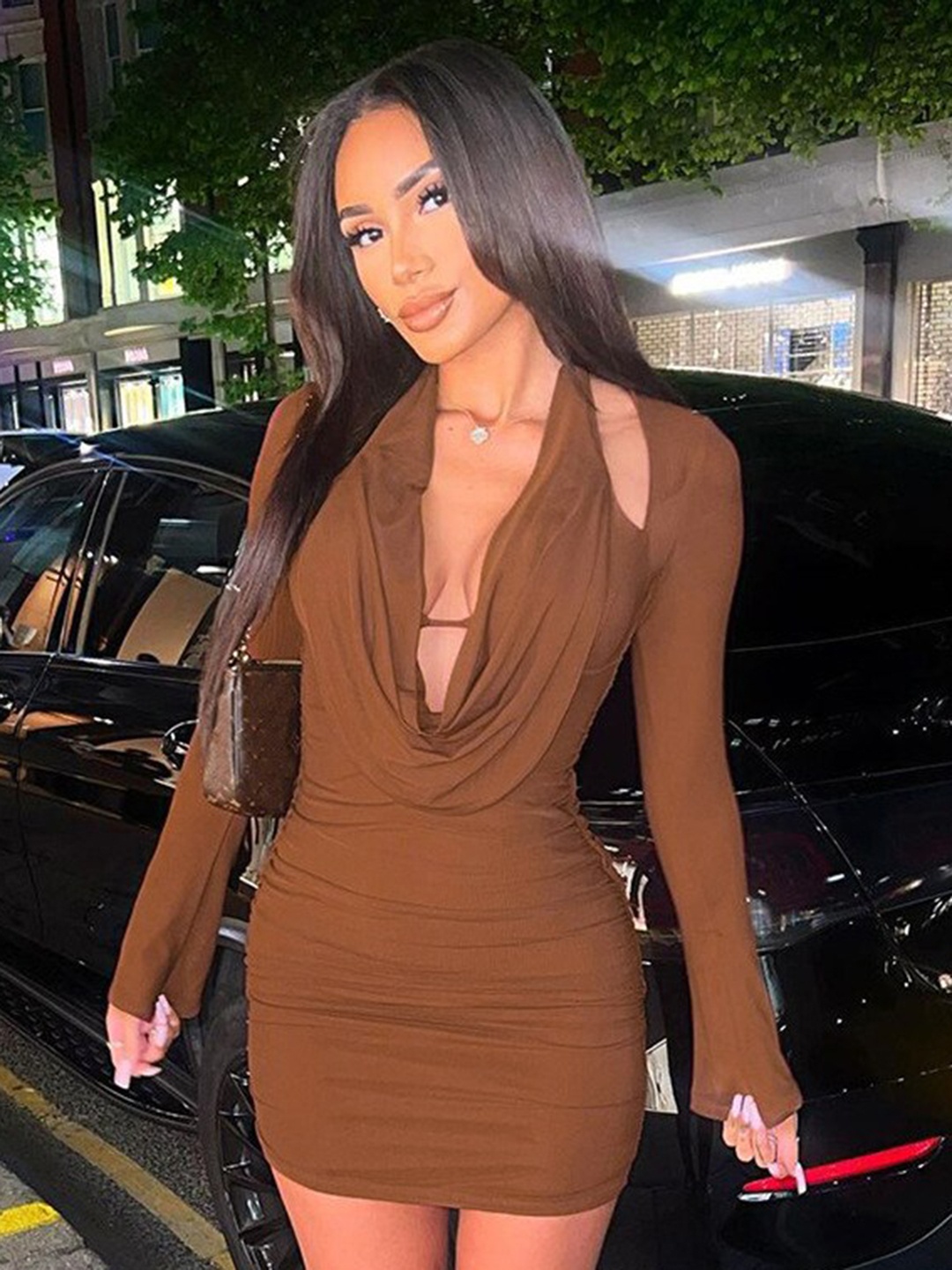 StyleCast Brown Cowl Neck Ruched Bodycon Mini Dress