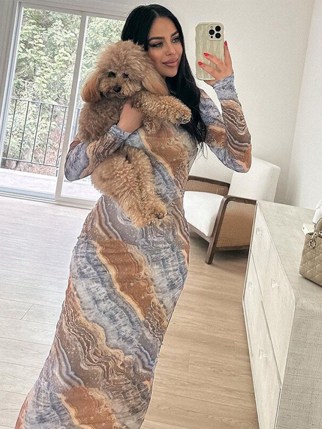 

StyleCast Coffee Brown Abstract Printed Long Sleeves Sheath Dress