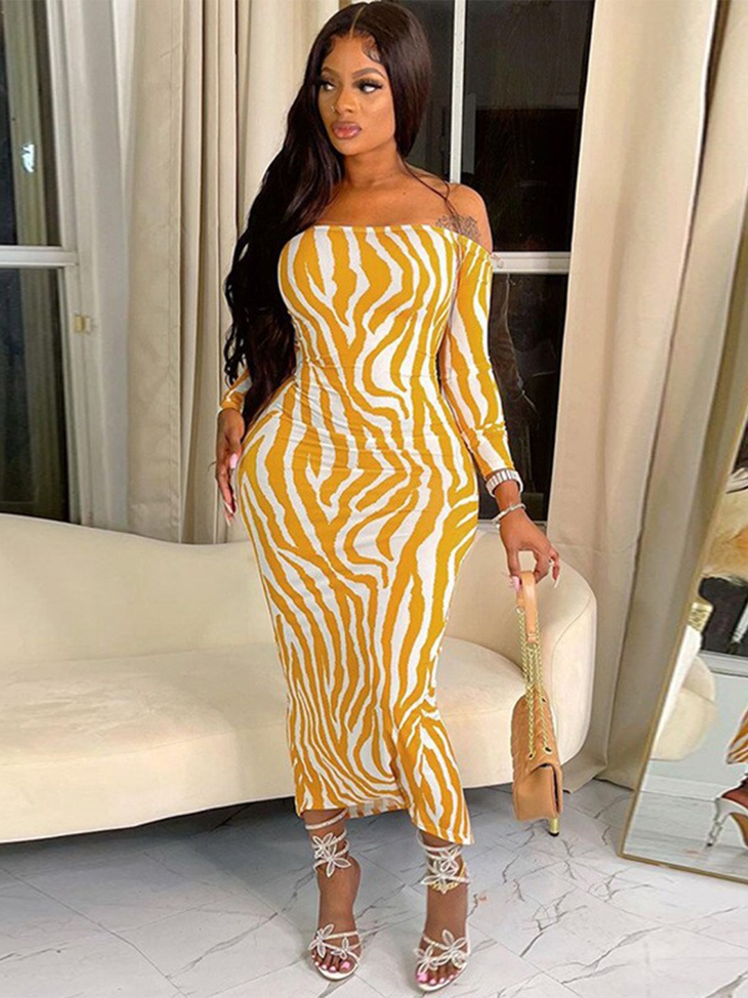 

StyleCast Yellow Abstract Printed Off Shoulder Maxi Dress