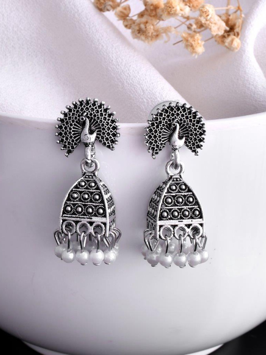 

VOJ Silver Plated Peacock Shaped Jhumkas