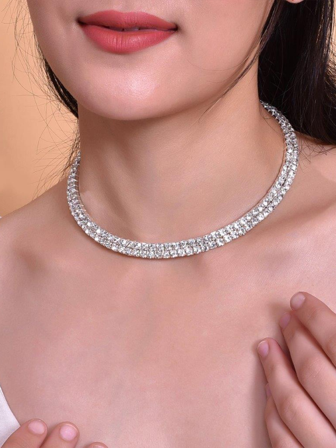 

VOJ Silver-Plated Stone-Studded Stainless Steel Choker Necklace