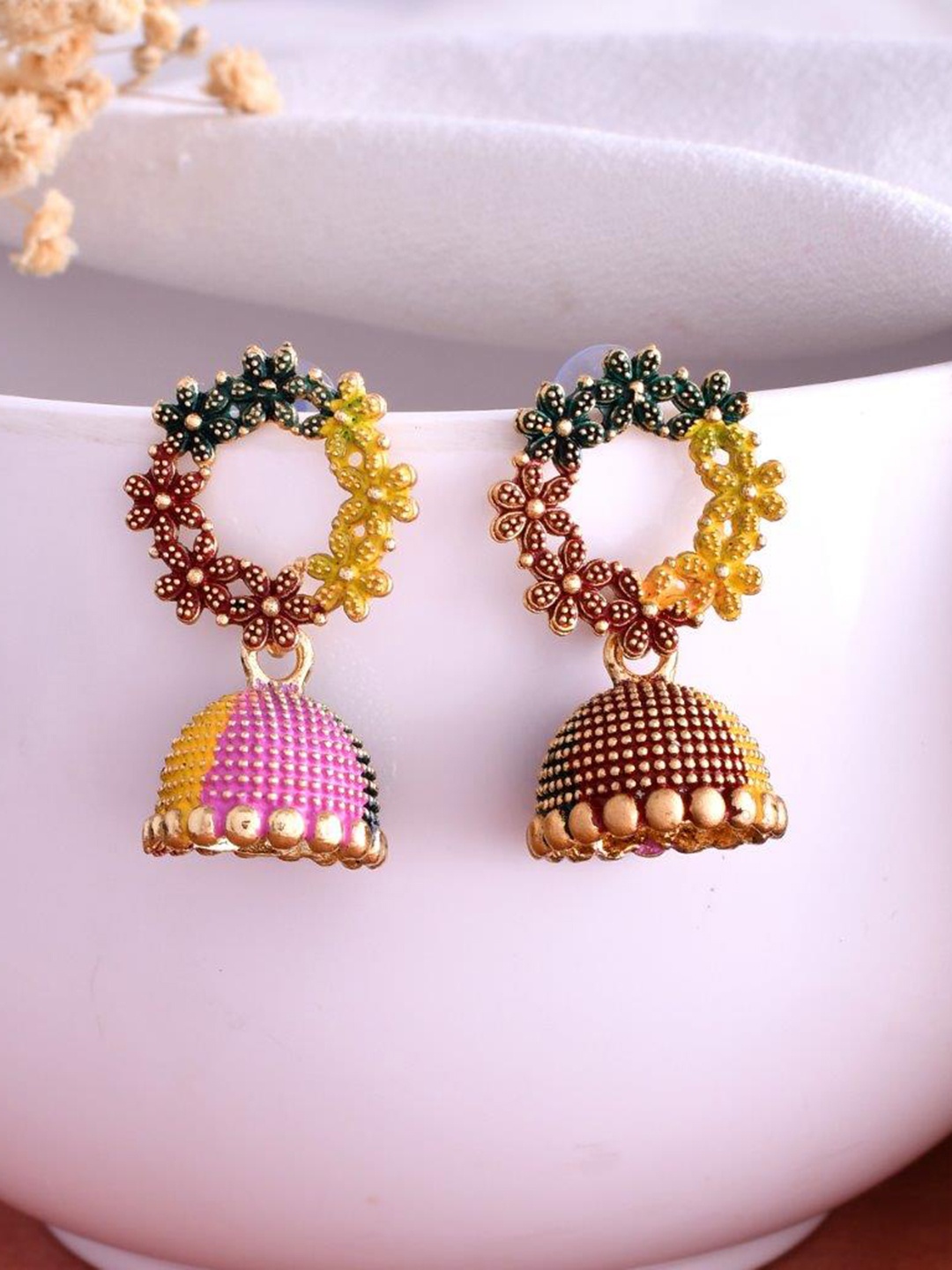 

VOJ Silver Plated Dome Shaped Jhumkas, Yellow