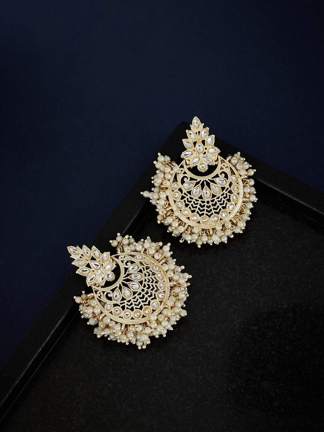 

ATIBELLE Gold-Plated Kundan Studded Crescent Shaped Chandbalis
