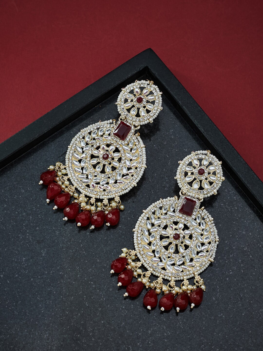 

ATIBELLE Gold-Plated Stone Studded & Beaded Chandbalis