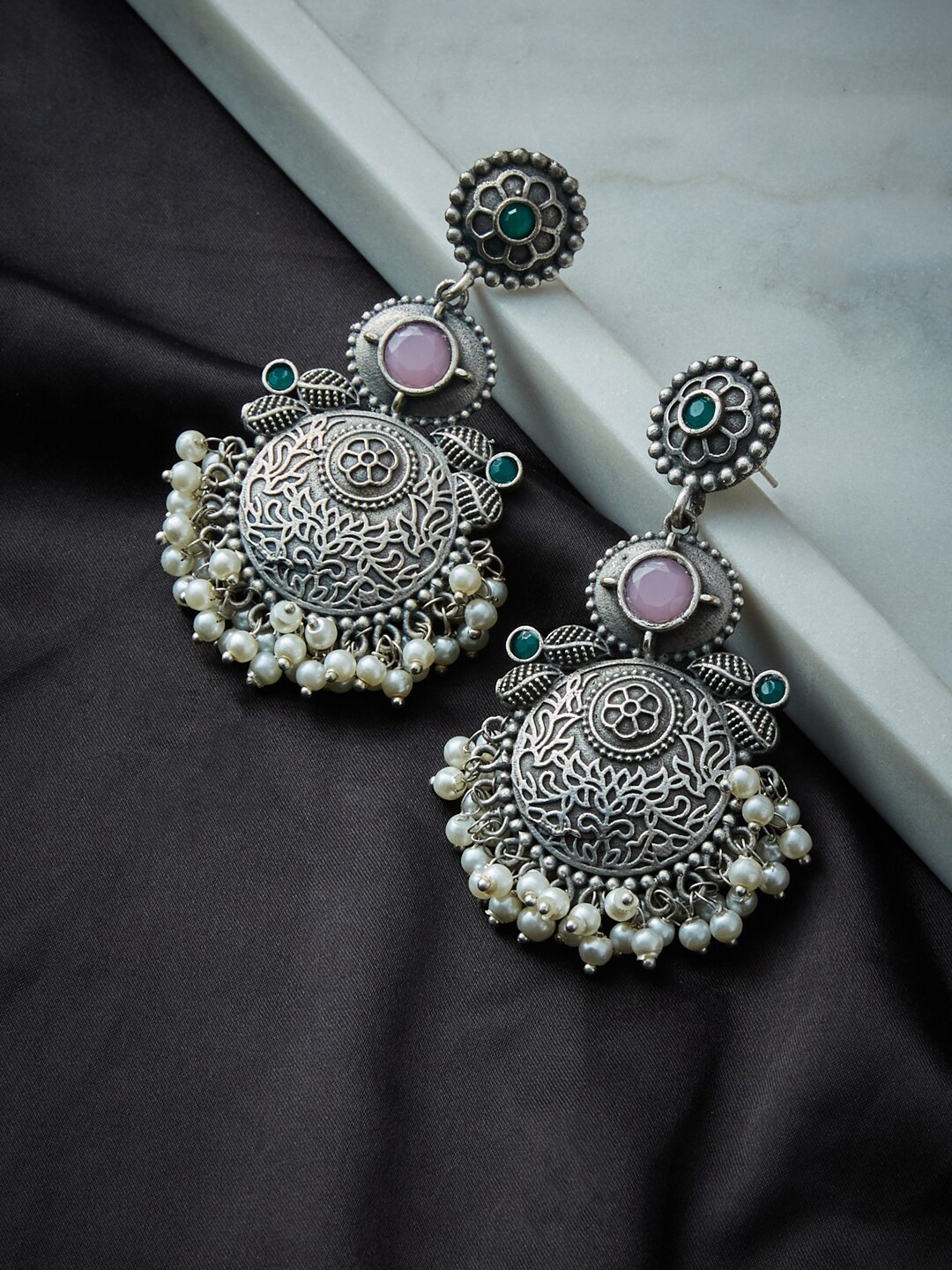 

ATIBELLE German Silver-Plated Oxidised Stones-Studded Chandbalis